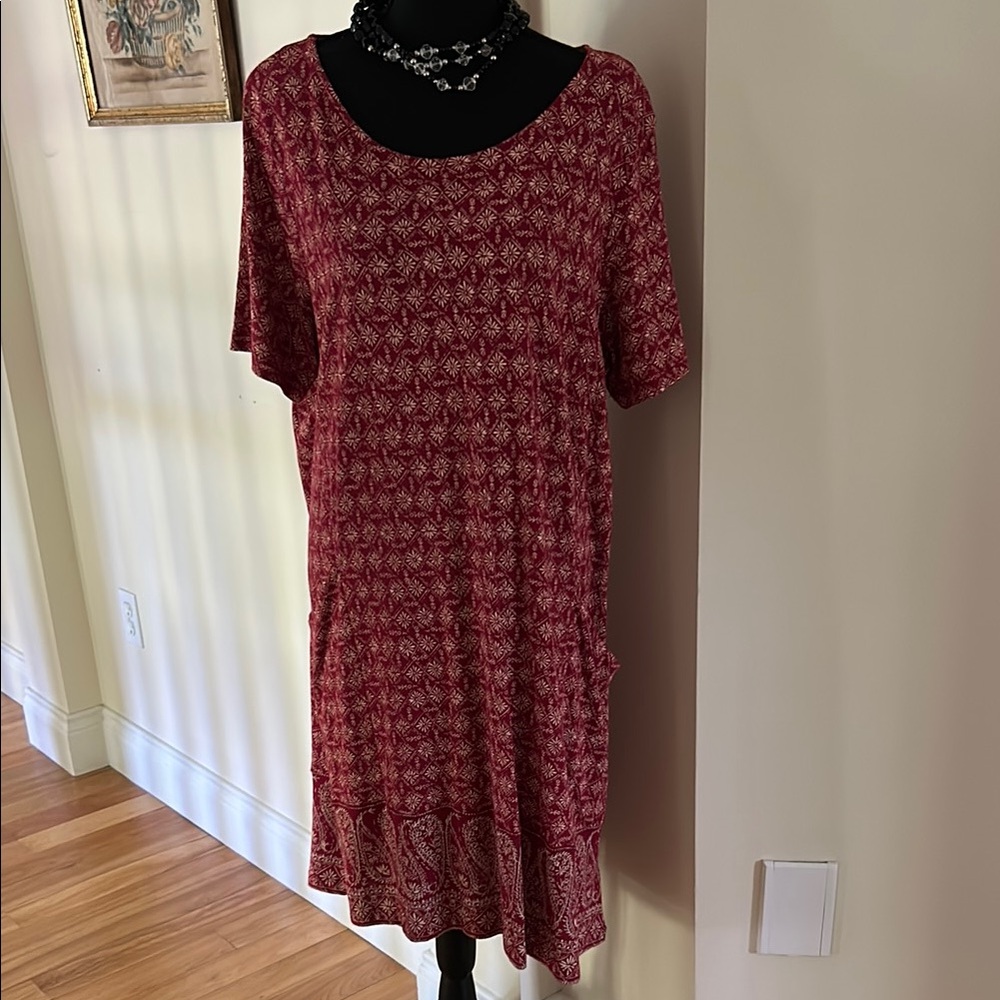 Fat Face UK Dress Red and Tan Daisy Patterned Short Sleeve Size